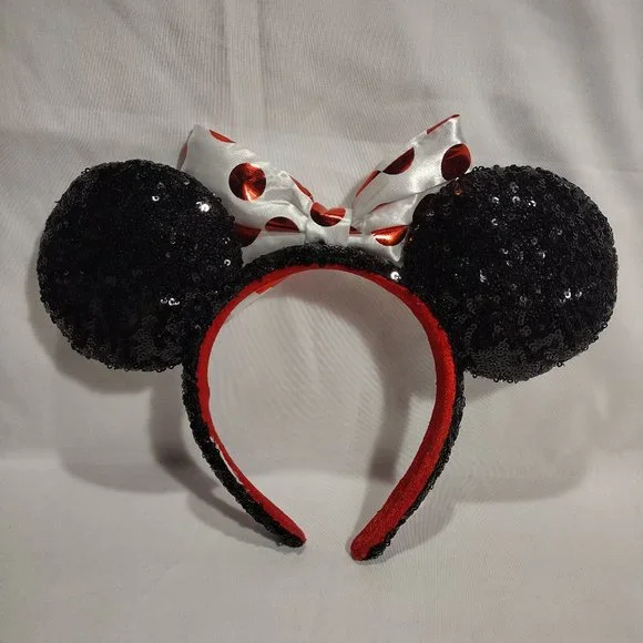Minnie Mouse Sequin Ear Headband with Satin Polka Dot Bow for Adults - Picture 2 of 3
